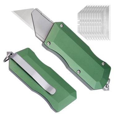 Imagem de TGZUO Faca de bolso resistente de liga de alumínio, lâmina substituível, utilitário de barbear EDC com 10 peças de lâminas (verde)