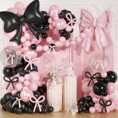 Imagem de Kit de arco de balões rosa e preto, 189 peças de decorações de festa de aniversário rosa e preto com laço, enchimento duplo, pérola, balões rosa, adesivos de pérola para aniversário, solteiro, chá de