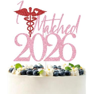 Imagem de Topper de bolo rosa e vermelho com glitter I Matched 2026, decoração de dia de partida de residência 2026, suprimentos de decoração de festa de formatura para faculdade de medicina