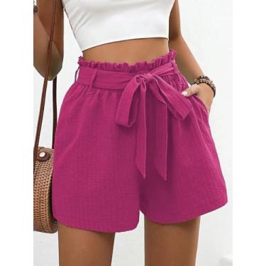 Imagem de Shorts femininos magenta de cintura alta com babados - Shorts casuais de verão com bolsos, Vermelho rosa, X-Large