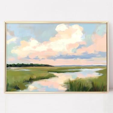 Imagem de Arte de parede do pântano pôr do sol em aquarela arte de paisagem aquarela abstrata rosa arte de parede céu azul com nuvens tela paisagem moderna paisagem costeira pôsteres 40,6 x 61 cm sem moldura