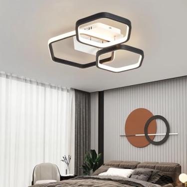 Imagem de Luminária de teto LED moderna, dimerizável, com controle remoto, 52W/80W, dourada e preta, formato hexagonal, para quarto, sala de jantar e escritório (preta, 3 lâmpadas).