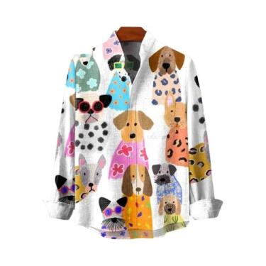 Imagem de Camisa De Linho Masculina Com Estampa Retrô De Gatinho Manga Longa Pri