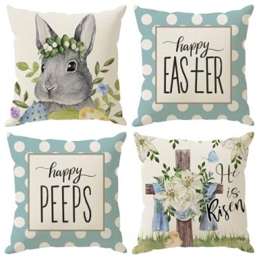 Imagem de ZAEW Conjunto de 4 capas de almofada de coelho e flores cruzadas, ovos de coelho, coelho, Páscoa, conjunto de 4 decorações para casa de fazenda, sofá, sofá, capa de almofada, decoração de festa de fim