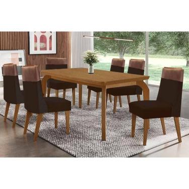 Imagem de Sala Jantar Mesa Londrina Tampo Curvo 180cm+6 Cadeiras Jaspe Madeira Naturale - Capuccino/Suede Marrom - Rufato