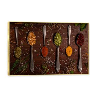 Imagem de NHLDZYH Moldura dourada. Arte de parede em tela de especiarias coloridas e colher de tempero | Decoração de cozinha vintage | Arte moderna para casa e sala de jantar. C79. 50 x 75 cm - 19,7 x 29,6 pol