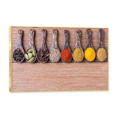 Imagem de Moldura dourada. Arte de parede em tela de especiarias coloridas e colher de tempero | Decoração de cozinha vintage | Arte moderna para casa e sala de jantar. C119. 40 x 60 cm - 15,8 x 23,7 pol