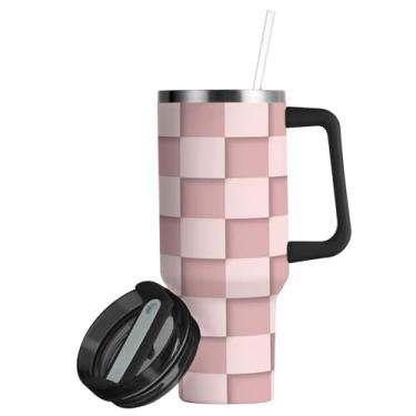 Imagem de ATTX Copo de xadrez rosa de 850 g com alça, copo de aço inoxidável a vácuo de parede dupla com palha, caneca de café de viagem isolada #189