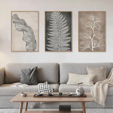 Imagem de HLNIUC Conjunto de arte de parede com moldura neutra botânica, decoração de parede abstrata folha de samambaia, pintura de parede de planta rústica vintage, impressão de arte natural bege preto para