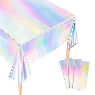 Imagem de 3 peças de toalhas de mesa iridescentes ondas oceânicas 137 x 272 cm descartáveis de plástico azul oceano toalhas de mesa retangulares adequadas para praia, férias, atividades de festa de aniversário