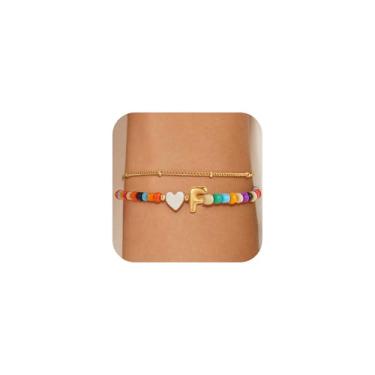 Imagem de Eaciy Pulseiras coloridas com inicial para mulheres e meninas - Pulseira com pingente de coração banhado a ouro 14K com letra inicial Daint A-Z, joias de verão, presentes para meninas adolescentes, 8