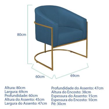 Imagem de Kit 2 Poltronas Decorativa Jade Moderno Escritório Confortável Luxo Base De Ferro Dourado Linho Cor Azul Royal