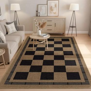 Imagem de Tapetes de juta xadrez, 12 x 18 cm, lavável ao ar livre, tapete para sala de estar, quarto, interior, antiderrapante, moderno, design de casa de fazenda, geométrico, neutro, escritório, varanda