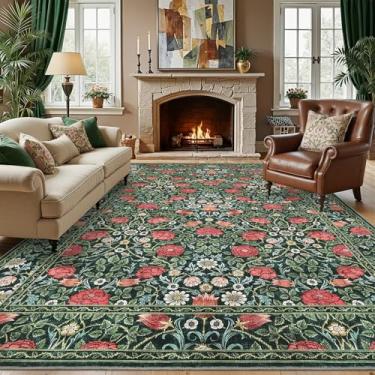 Imagem de GarveeHome Tapete verde vintage floral lavável 15 x 23 cm para sala de estar, boho, botânico, retrô, resistente a manchas, tapete antiderrapante para quarto, berçário, sala de jantar