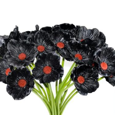 Imagem de 20 buquês de flores artificiais de papoula com hastes de poliuretano de toque real para decoração de casa, buquês de casamento, centros de mesa e arranjos florais, preto