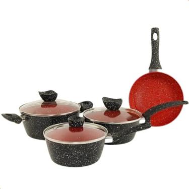 Imagem de Jogo de Panelas Antiaderente THIKA 4 Peças – Design Marmorizado com Interior Vermelho e Tampas de Vidro Temperado