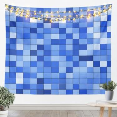 Imagem de Tapeçaria infantil Pixel Grid Miners, tapeçarias de parede xadrez de videogame, decoração de quarto de meninas e meninos, tapeçarias de parede geométricas modernas, decoração de parede azul claro para
