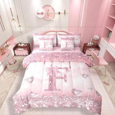 Imagem de Erosebridal Jogo de cama solteiro com laço rosa, 7 peças, moderno, letra F, para crianças, adolescentes, kawaii, com laço e nó de laço, estilo princesa