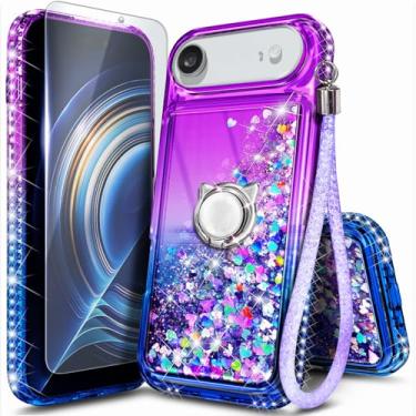 Imagem de Capa NGB projetada para iPhone-Air, roxa/azul | Capa de telefone fofa com glitter líquido brilhante para mulheres e crianças | com protetor de tela de vidro temperado, suporte de anel e cordão de