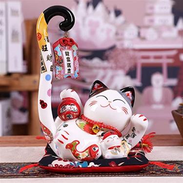 Imagem de Fortune Cat 21,8 cm Cerâmica Maneki Neko Lucky Cat Caixa de Dinheiro Cofrinho Cauda Longa Gato da Sorte Feng Shui Mealheiro Presente de Casamento Decoração de Carro (Cor: B) (A)