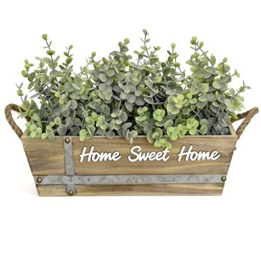 Imagem de hopeme Peça central de mesa de eucalipto artificial em caixa de madeira, arranjo de vegetação sintética com placa "Home Sweet Home", alças de corda de juta, decoração rústica de casa de fazenda