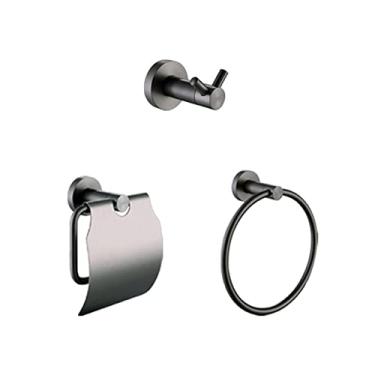 Imagem de 3FLQOOPP Conjunto de ferragens de banheiro redondo dourado escovado metal cinza gancho roupão gancho escova de vaso sanitário suporte de papel acessórios de banheiro, anel de toalha cinza (conjunto de