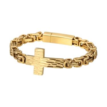 Imagem de Rofusn Pulseira masculina com cruz de corrente bizantina: joia punk hip hop religiosa cristã de aço inoxidável para o dia dos pais, Medium, Metal, Sem Pedra Preciosa