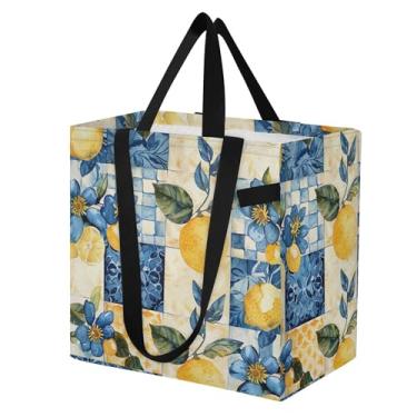 Imagem de SEHANY Sacolas de compras reutilizáveis de verão limão com alças reforçadas, bolsa de compras de lona dobrável à prova d'água de grande capacidade para viagem, cozinha, praia