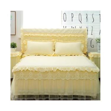 Imagem de Conjunto de cama de renda com babados de princesa chique, 1 colcha de renda com 2 fronhas (amarelo, casal 150 x 200 cm, 3 peças)