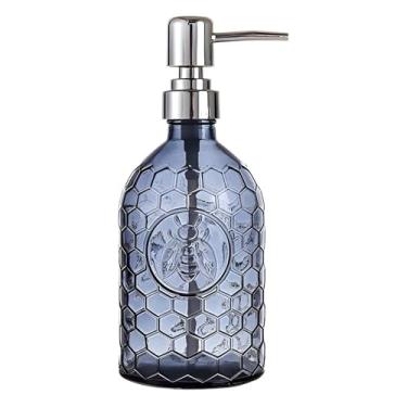 Imagem de KHUTRW3D Dispensadores de sabonete, frasco de vidro para loção push 500 ml, casa/hotel/banheiro, suporte de sabão cilíndrico azul transparente garrafa bomba de sabão