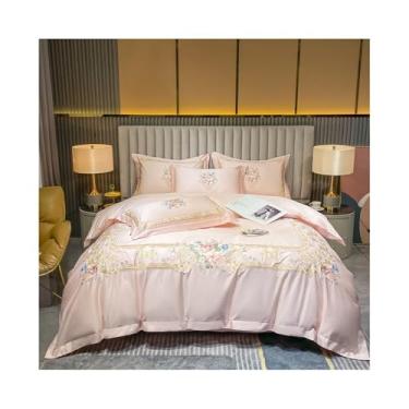 Imagem de x3anggyt5 Conjunto de capa de edredom com bordado floral 4 peças estilo palácio europeu capa de cama plana/com elástico (rosa, lençol com elástico 1,5 mBed)