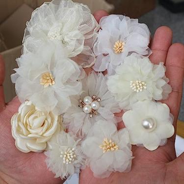Imagem de NevStp Conjunto de 10 peças/bege com flores de tecido chiffon para convites de casamento, flores artificiais para decoração de chapéus, série bege