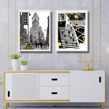 Imagem de Kit 2 Quadros Figurativos New York Preto Amarelo 45X34Cm