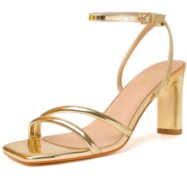 Imagem de RIBONGZ Sandálias femininas de salto alto com tiras quadradas, bico aberto, salto alto, tira no tornozelo, sandálias de salto grosso, para casamento, noiva, salto alto, sapatos de festa, Dourado, 37