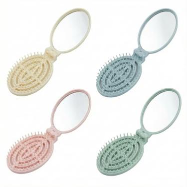 Imagem de Mini espelho, 4 peças de escova de cabelo compacta dobrável, espelho de maquiagem pequeno, mini pincel para bolsa, espelho compacto fofo para crianças, acessórios de cabelo para meninas, acessórios de