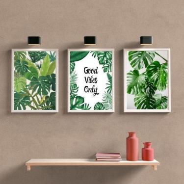 Imagem de Kit 3 Quadros Folhagens Good Vibes Only 33X24 C/Vidro Branca