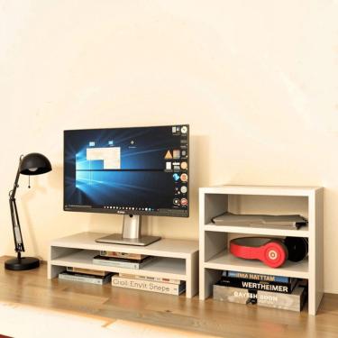 Imagem de Kit Suporte De Monitor Duplo + Escaninho Organizador Branco