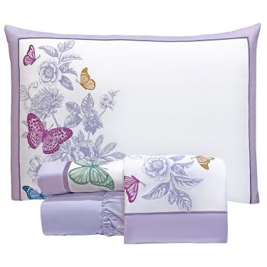 Imagem de Jogo de Lençol Summer Queen 4 Peças MicroPercal 300 Fios Estampado Floral - Borboleta Lilás - 100% Poliéster