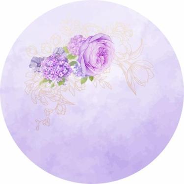 Imagem de Painel de Lona Redondo Flores Lilás e Silhueta Amarela - Fabrika De Fe