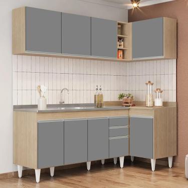 Imagem de Armário De Cozinha Modulado De Canto Esquerdo 4 Peças Cp51 Com Pia Inox Castanho/cinza - Lumil