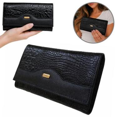 Imagem de Carteira Couro Feminina Grande Zíper Croco Premium Porta Cartão Elegan