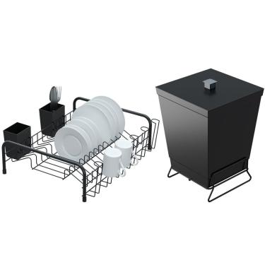 Imagem de Conjunto Para Pia De Cozinha Lixeira Quadrada 6,5L E Escorredor De Louças Preto Fosco Stolf