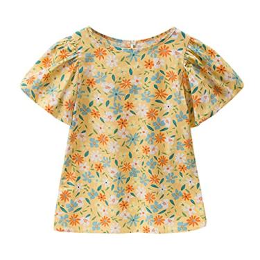 Imagem de Camiseta infantil menina manga curta floral camiseta blusa tops roupas meninas (amarelo, 2-3 anos)