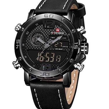 Imagem de Relógios masculinos à prova d'água esportivos relógio analógico digital de couro 3ATM casual relógio de pulso duplo tempo, Cinza