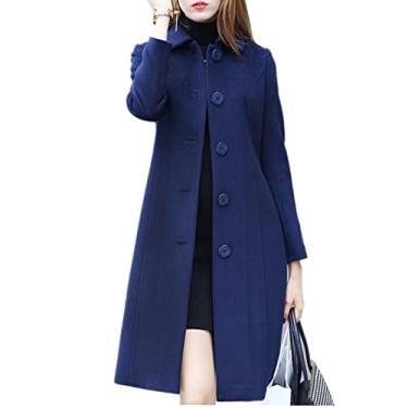 Imagem de Casaco Longo Feminino Trench Coat de Lã Sintética Inverno Engrossado Slim Fit Azul M