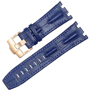 Imagem de RAYESS Pulseira de relógio de couro genuíno para AP 15703 Royal Oak Offshore Series 28mm pulseiras de crocodilo (Cor: Azul-ouro rosa, Tamanho: 28mm)