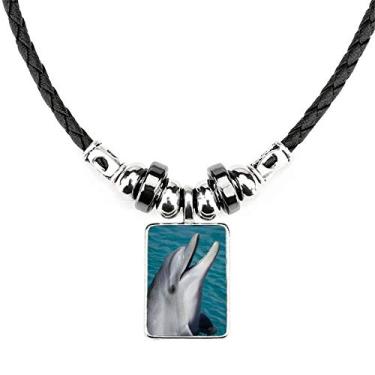 Imagem de Colar com imagem de natureza de golfinhos de água oceânica joia Torque pingente de corda de couro