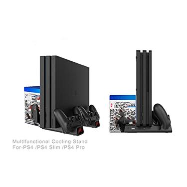 Imagem de Suporte vertical PtevSoh para console PS4 / PS4 Slim / PS4 Pro, cooler PS4 com ventilador duplo, suporte para 10 jogos, estação de carregamento com indicadores para Playstation 4 DualShock 4 controladores sem fio.