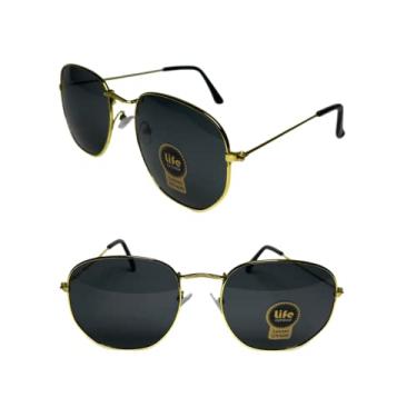 Imagem de Óculos de Sol Original Hexagonal Metal Dourado com Lente Preto Feminino Masculino Unissex UV400