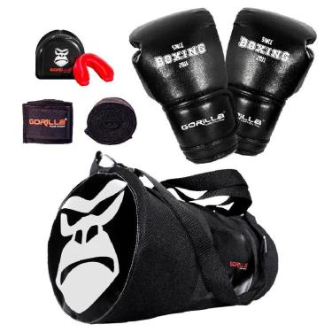 Imagem de Luva Pro Boxe Muaythai Gorilla + Bandagen Elastica + Protetor Bucal c/ capinha + Bolsa transversal-Unissex